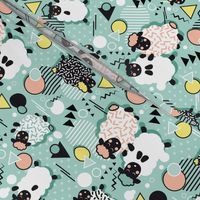 Mééé Memphis sheep // mint background yellow @ peach circles & triangles black & white sheep arrows lines & dots