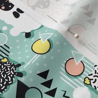 Mééé Memphis sheep // mint background yellow @ peach circles & triangles black & white sheep arrows lines & dots