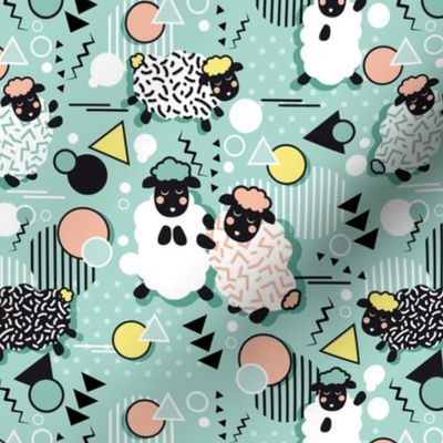 Mééé Memphis sheep // mint background yellow @ peach circles & triangles black & white sheep arrows lines & dots