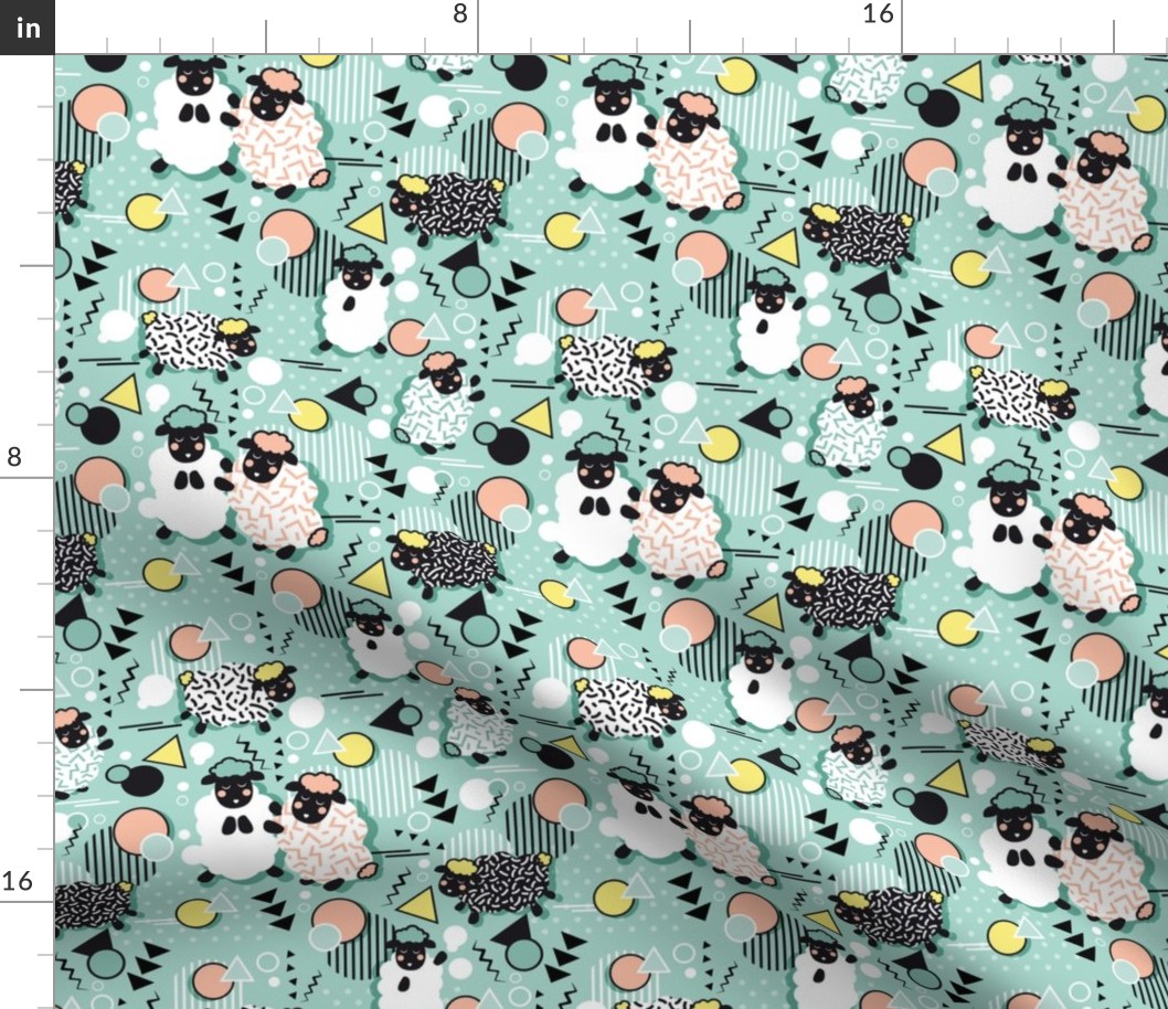 Mééé Memphis sheep // mint background yellow @ peach circles & triangles black & white sheep arrows lines & dots