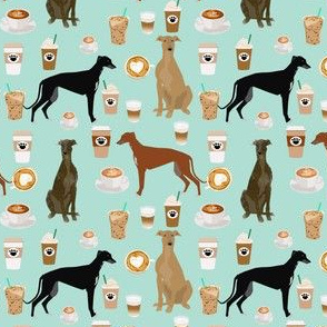 greyhound and coffee fabric  - cute dogs and coffees fabric - light blue