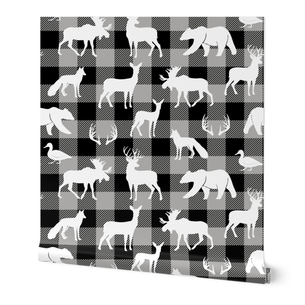 (small scale) woodland animals on grey plaid