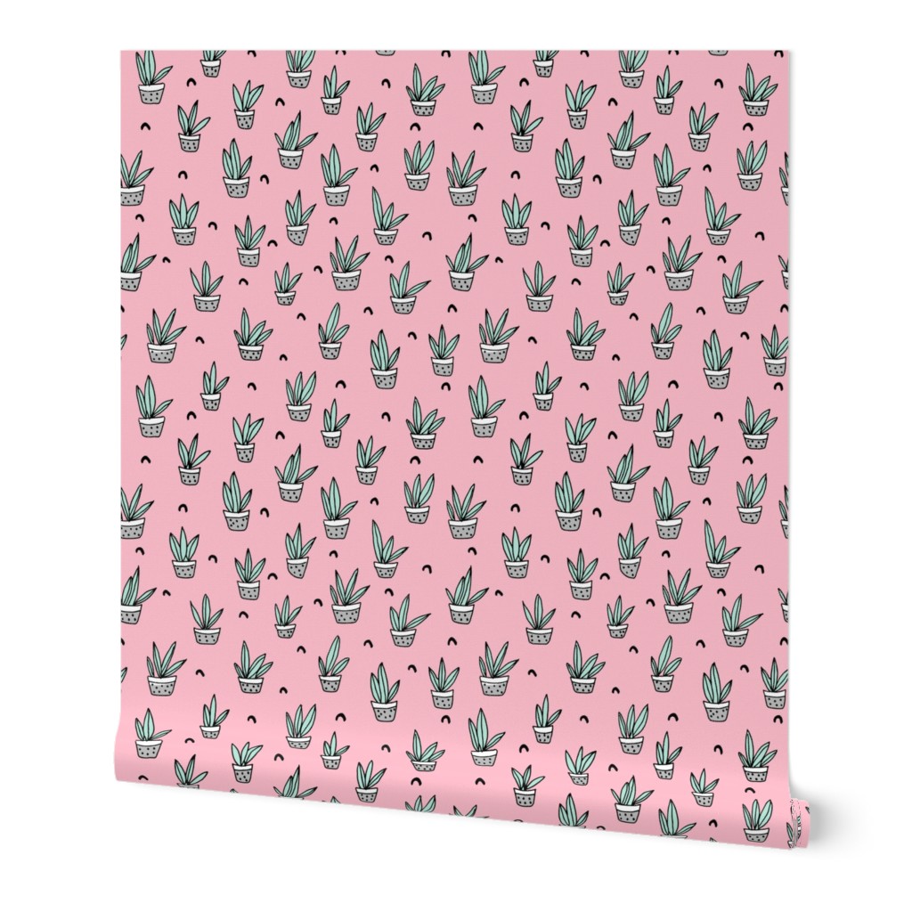 Pop culture series aloe vera green home garden plants and pots illustration print design pink SMALL