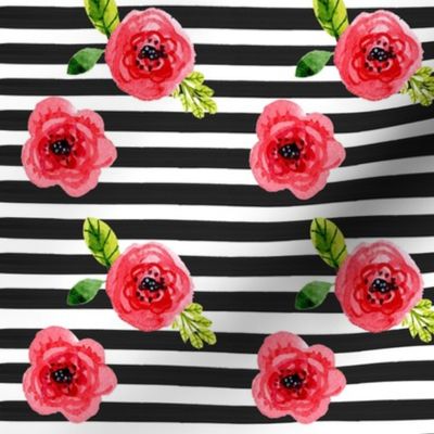 Mod Coral Florals on Black Stripes