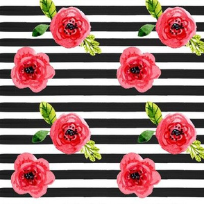 Mod Coral Florals on Black Stripes