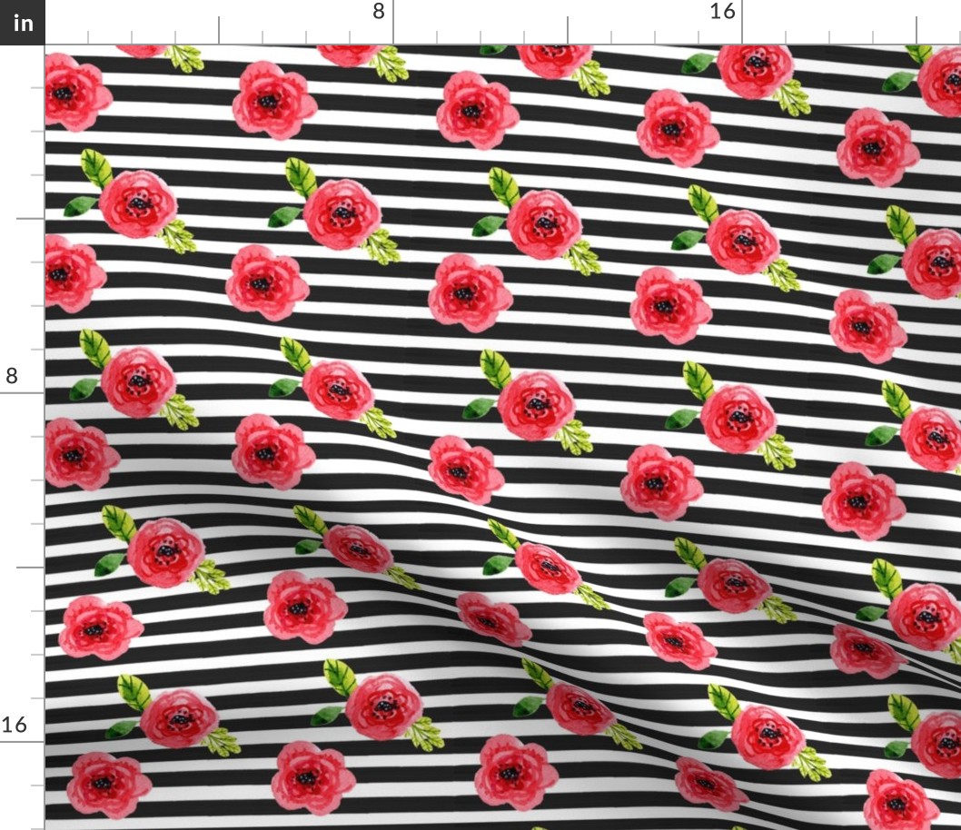 Mod Coral Florals on Black Stripes