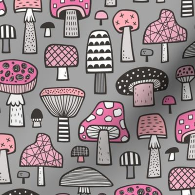Mushrooms Geometric Fall Autumn Pink on Grey