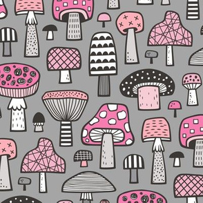 Mushrooms Geometric Fall Autumn Pink on Grey