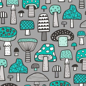 Mushrooms Geometric Fall Autumn Green on Grey