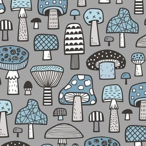 Mushrooms Geometric Fall Autumn Denim Blue on Grey