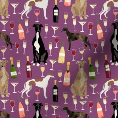 greyhounds and wine fabric - dogs and wine bubbly celebration fabric - amethyst
