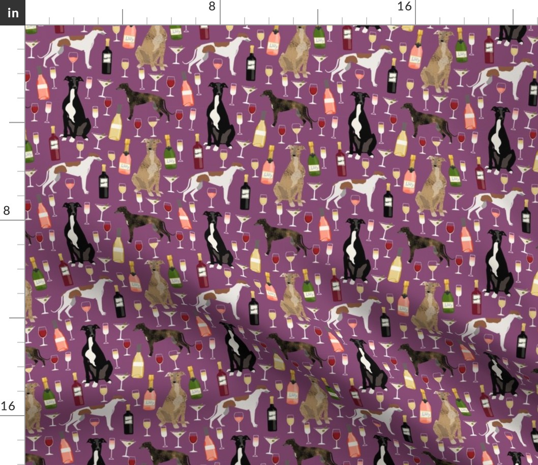 greyhounds and wine fabric - dogs and wine bubbly celebration fabric - amethyst