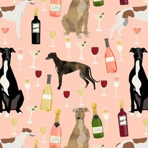 greyhounds and wine fabric - dogs and wine bubbly celebration fabric - blush