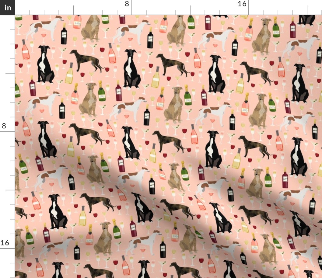 greyhounds and wine fabric - dogs and wine bubbly celebration fabric - blush