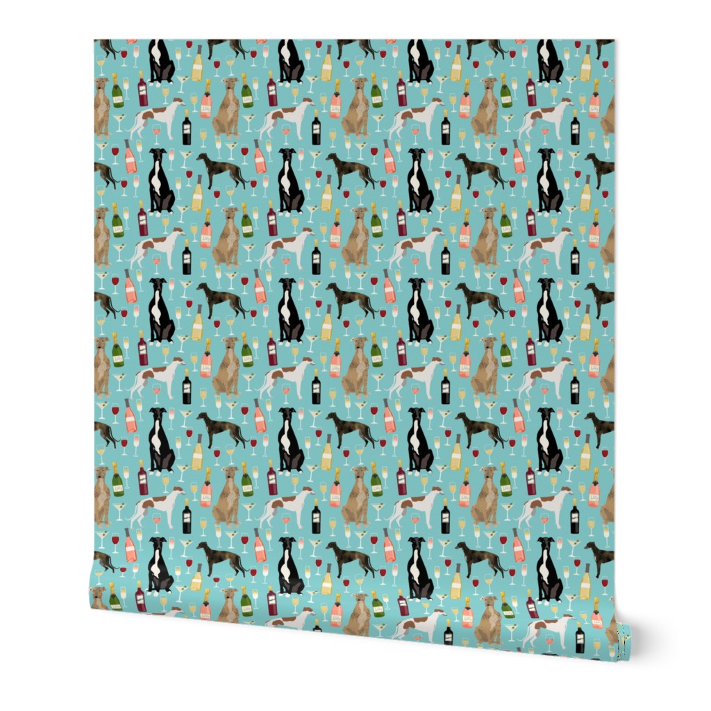 greyhounds and wine fabric - dogs and wine bubbly celebration fabric - light blue