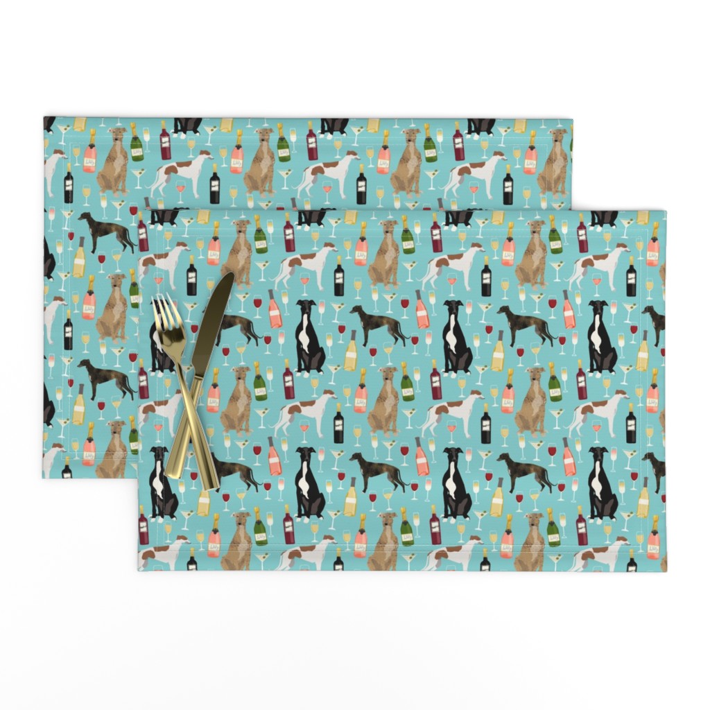 greyhounds and wine fabric - dogs and wine bubbly celebration fabric - light blue