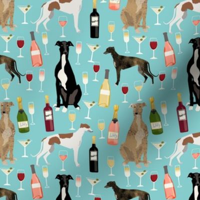 greyhounds and wine fabric - dogs and wine bubbly celebration fabric - light blue