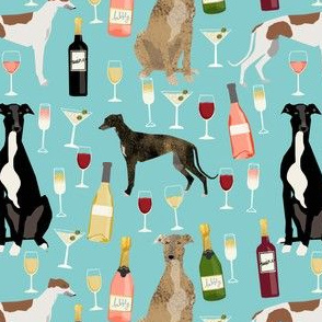 greyhounds and wine fabric - dogs and wine bubbly celebration fabric - light blue