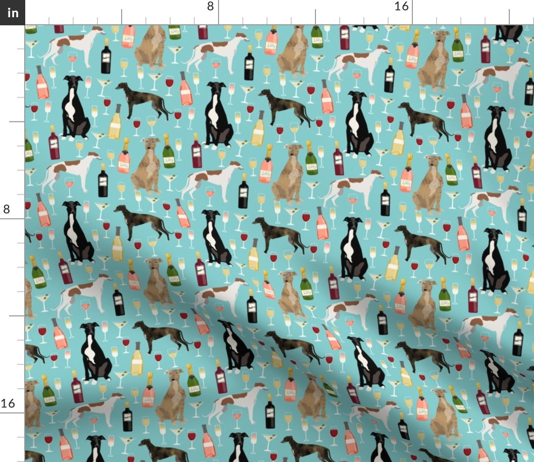 greyhounds and wine fabric - dogs and wine bubbly celebration fabric - light blue