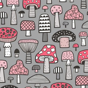 Mushrooms Geometric Fall Autumn Red & Pink on Grey