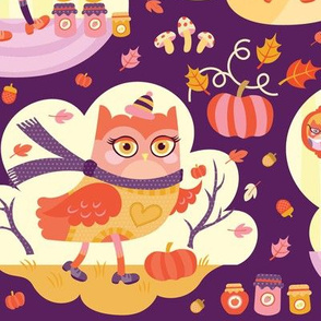 Busy Autumn Owls in Aubergine