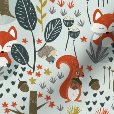 Rustic Woodland Animals with foxes, squirrels and hedgehogs on light blue background