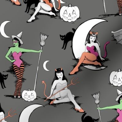 Vintage Halloween pinups in muted gray 