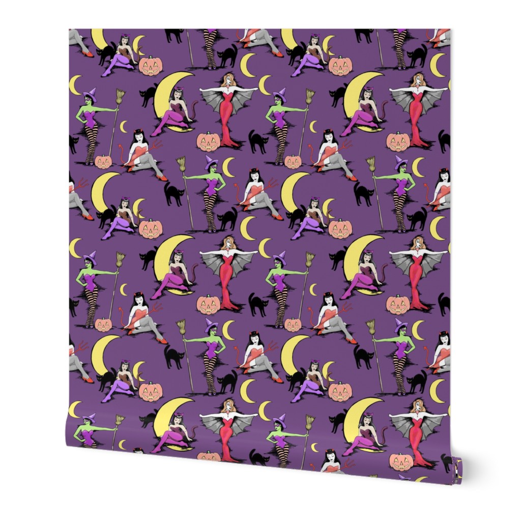 Retro Halloween pinups in muted purple