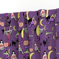 Retro Halloween pinups in muted purple