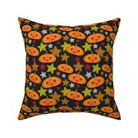 Vintage Halloween Kawaii pumpkin and stars on a black background