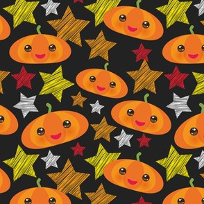 Vintage Halloween Kawaii pumpkin and stars on a black background