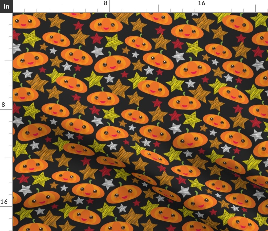 Vintage Halloween Kawaii pumpkin and stars on a black background