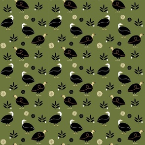(S) Farmhouse chickens on olive green 