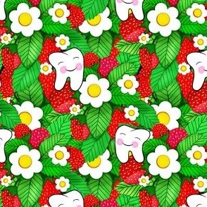 Succulent Strawberries Seamless repeat dental design / tooth teeth red green white rdh  