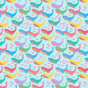 Colorful Whales on Blue