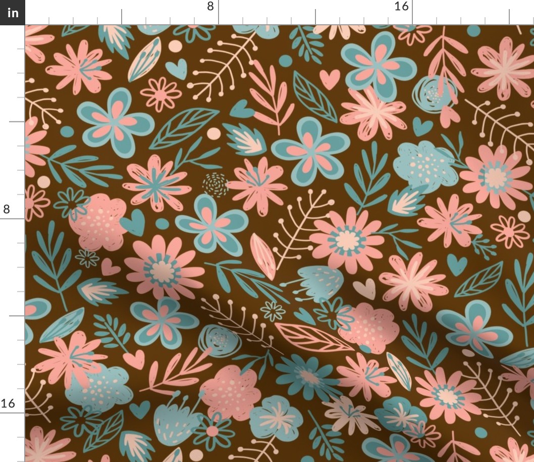 Pink & Blue Flowers on Brown