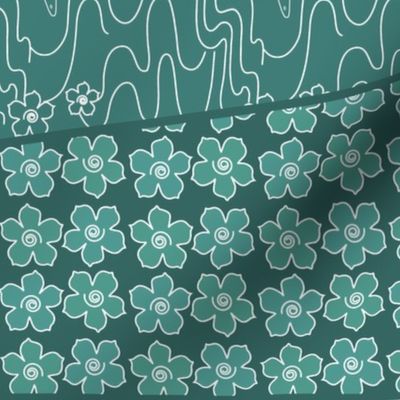 2 or 4 yd long skirt or dress gores - bluegreens with butterflies & flowers & koi pond