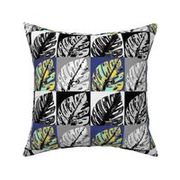 POP ART MONSTERA LEAVES CHECKERBOARD BLACK AND WHITE GREEN MOSS