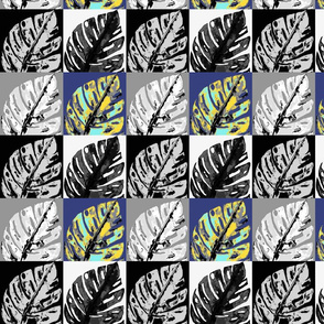 POP ART MONSTERA LEAVES CHECKERBOARD BLACK AND WHITE GREEN MOSS