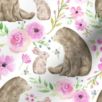 Bear & Bunny Friends - Pink Floral Woodland Baby Girls Nursery Bedding GingerLous A