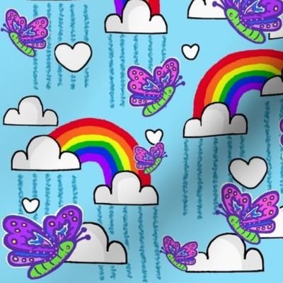 Rainbow Love in the Sky / Clouds on Blue Painterly Rain w/ Butterflies  med  