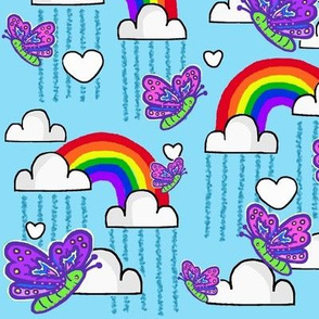 Rainbow Love in the Sky / Clouds on Blue Painterly Rain w/ Butterflies  med  