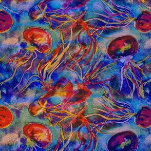 JELLYFISH DANCE FREEDOM WATERCOLOR BLUE ORANGE