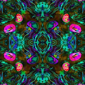 JELLYFISH DANCE KALEIDOSCOPE DAMASK WATERCOLOR FUSHIA PURPLE GLOW IN THE DARK effect