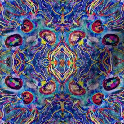 JELLYFISH DANCE KALEIDOSCOPE WATERCOLOR BLUE AQUA MULTI