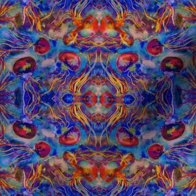 JELLYFISH DANCE KALEIDOSCOPE WATERCOLOR BLUE ORANGE