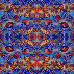 JELLYFISH DANCE KALEIDOSCOPE WATERCOLOR BLUE ORANGE