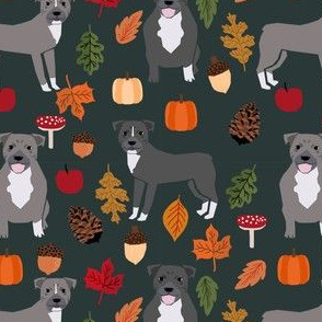 pitbull autumn leaves fabric fall autumn woodland dog fabric - dark green