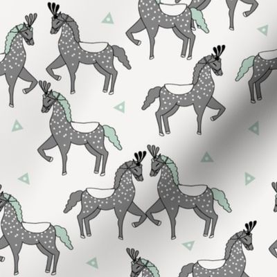 horses fabric //  circus show horses mint and grey horse design