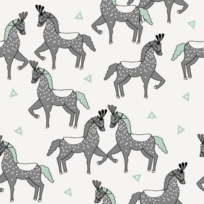 horses fabric //  circus show horses mint and grey horse design